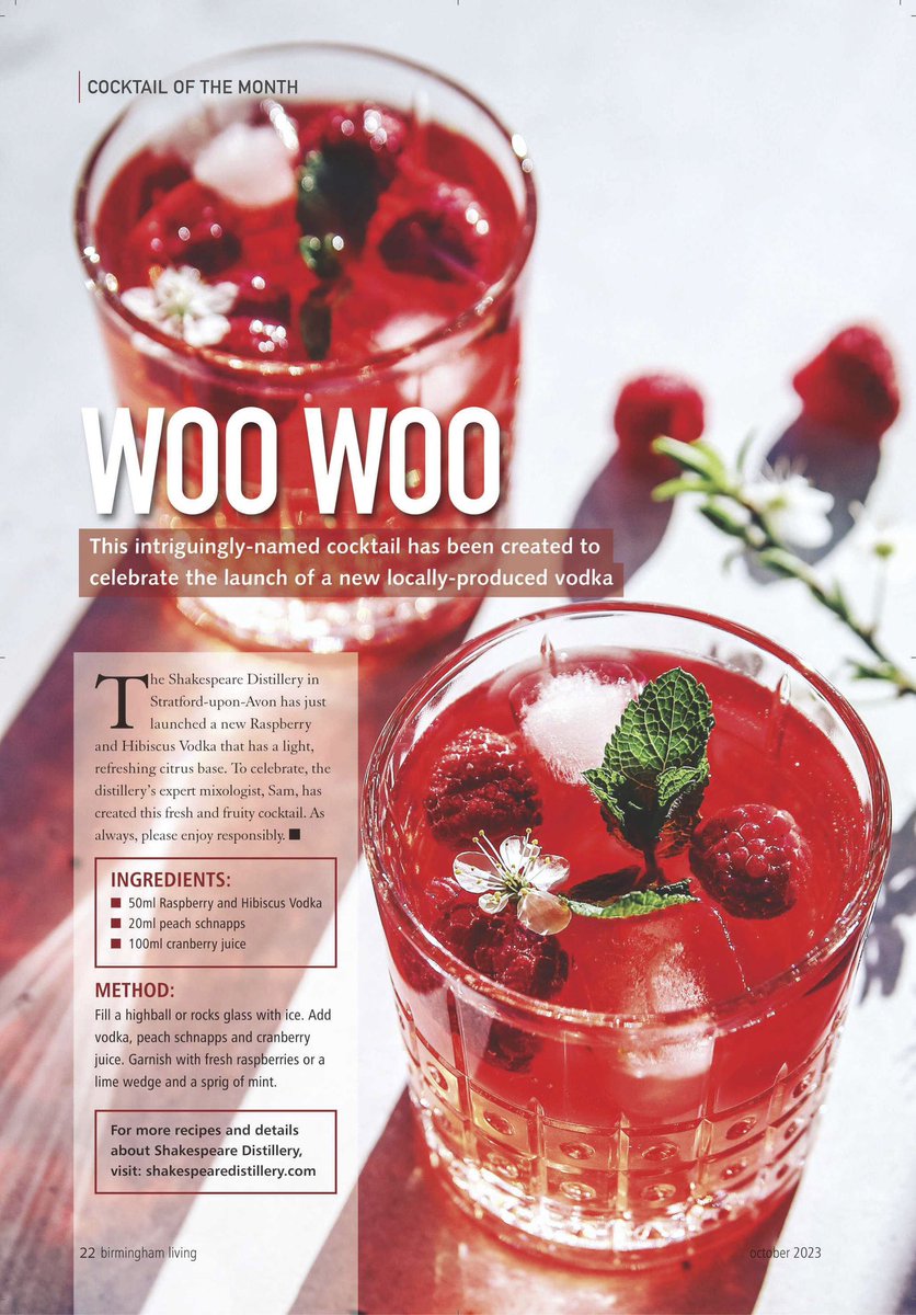 Our new Raspberry & Hibiscus vodka is cocktail of the month in October's Birmingham Living Magazine! Its lush as a Woo Woo or just with a premium lemonade!! @brum_living @ShakespearesEng @cwchamber #vodka