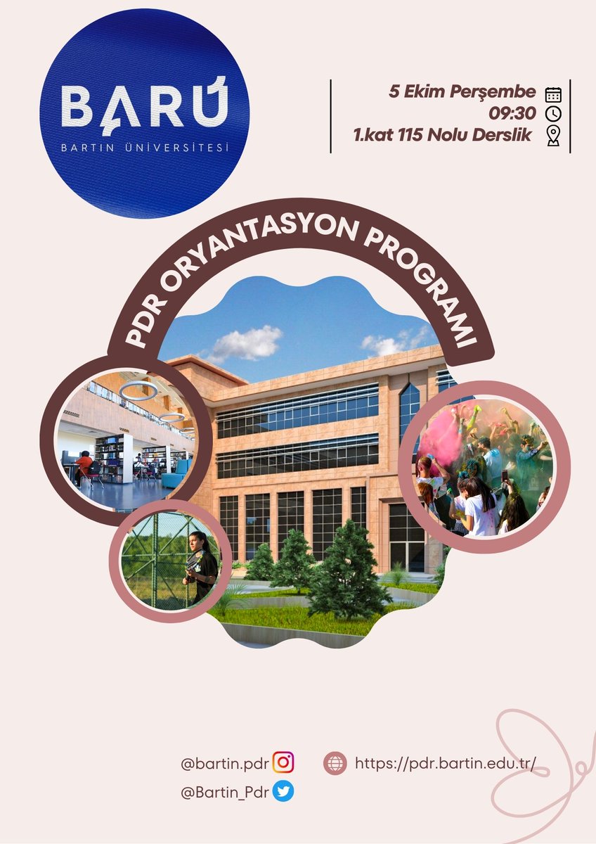 Değerli 1. sınıf öğrencilerimiz, PDR programımıza hepiniz hoşgeldiniz!
Üniversitemiz, fakültemiz ve bölümümüz hakkında detaylı bilgiler öğreneceğiniz, hocalarımızla tanışacağınız PDR Oryantasyon Programına hepinizi bekliyoruz!
<a href="/baruedutr/">Bartın Üniversitesi</a> 
@bartinegitim