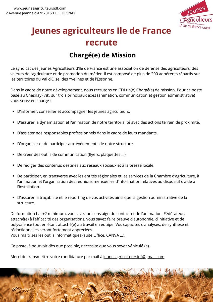 ⚠️ OFFRE D'EMPLOI ⚠️

Les Jeunes Agriculteurs d'Ile de France recrute un(e) chargé(e) de mission. 

📩 Envoyer votre candidature à jeunesagriculteursidf@gmail.com