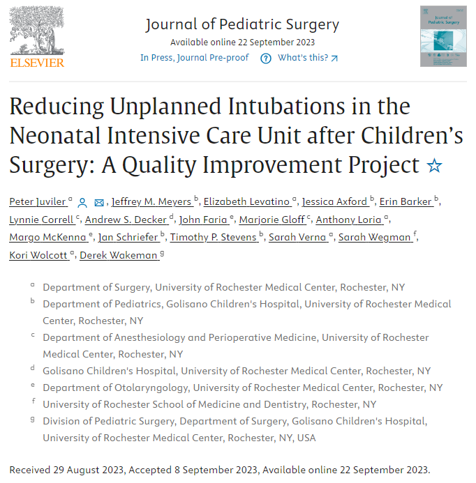 Congrats to our Pediatric Surgery Quality Improvement (QI) group and <a href="/urmedgchquality/">UR GCH Quality Team</a> <a href="/URMed_GCH/">Golisano Children's Hospital</a> on this important publication.  Reducing Unplanned Intubations in the Neonatal Intensive Care Unit after Children’s Surgery: A Quality Improvement Project - ScienceDirect