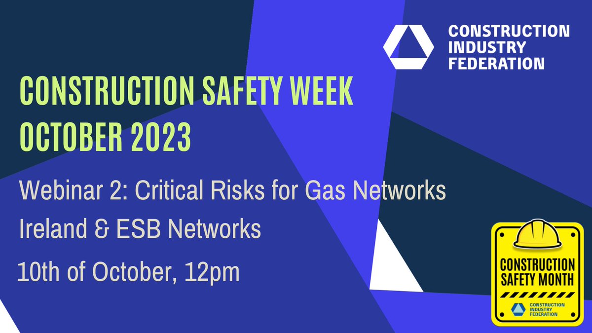 Construction Industry Federation (CIF) (@cif_ireland) on Twitter photo Our webinar series for Construction Safety Month 2023 continues. Join us for the 2nd in the series where we welcome <a href="/ESBNetworks/">ESB Networks</a> & <a href="/GasNetIrl/">Gas Networks Ireland</a> to discuss the critical risks they face in their sectors. Register today! bit.ly/48oIlJS #CIFSafety23 Our webinar series for Construction Safety Month 2023 continues. Join us for the 2nd in the series where we welcome <a href="/ESBNetworks/">ESB Networks</a> & <a href="/GasNetIrl/">Gas Networks Ireland</a> to discuss the critical risks they face in their sectors. Register today! bit.ly/48oIlJS #CIFSafety23