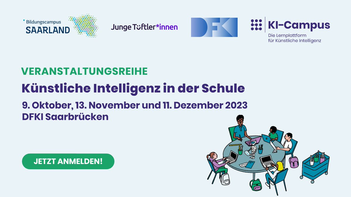 #KI in der #Schule: Für Lehrer:innen gibt es dazu im Herbst eine spannende Fortbildung in Saarbrücken!

<a href="/jungetueftler/">Junge Tueftler*innen</a>, Bildungscampus Saarland &amp; <a href="/DFKI/">DFKI</a>  bieten die Reihe gemeinsam mit uns an. 🥳

Infos &amp; Anmeldung:
➡️online-schule.saarland/neuer-fortbild…

#KICampus #LernenmitKI #twlz #OER