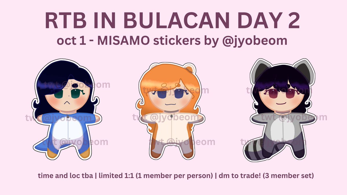 jyobeom's tweet photo. ☆ TWICE READY TO BE BULACAN D2 FREEBIES

✮⋆˙ MISAMO rep animal stickers!
- 1:1 (limited, only 1 member of your choice)
- dm to trade (limited, will receive all 3 members)
- like, rt &amp; follow then show me this twt on the day itself to claim!
#READYTOBE_IN_BULACAN #RTBinBulacan https://t.co/MeQG5xWovS