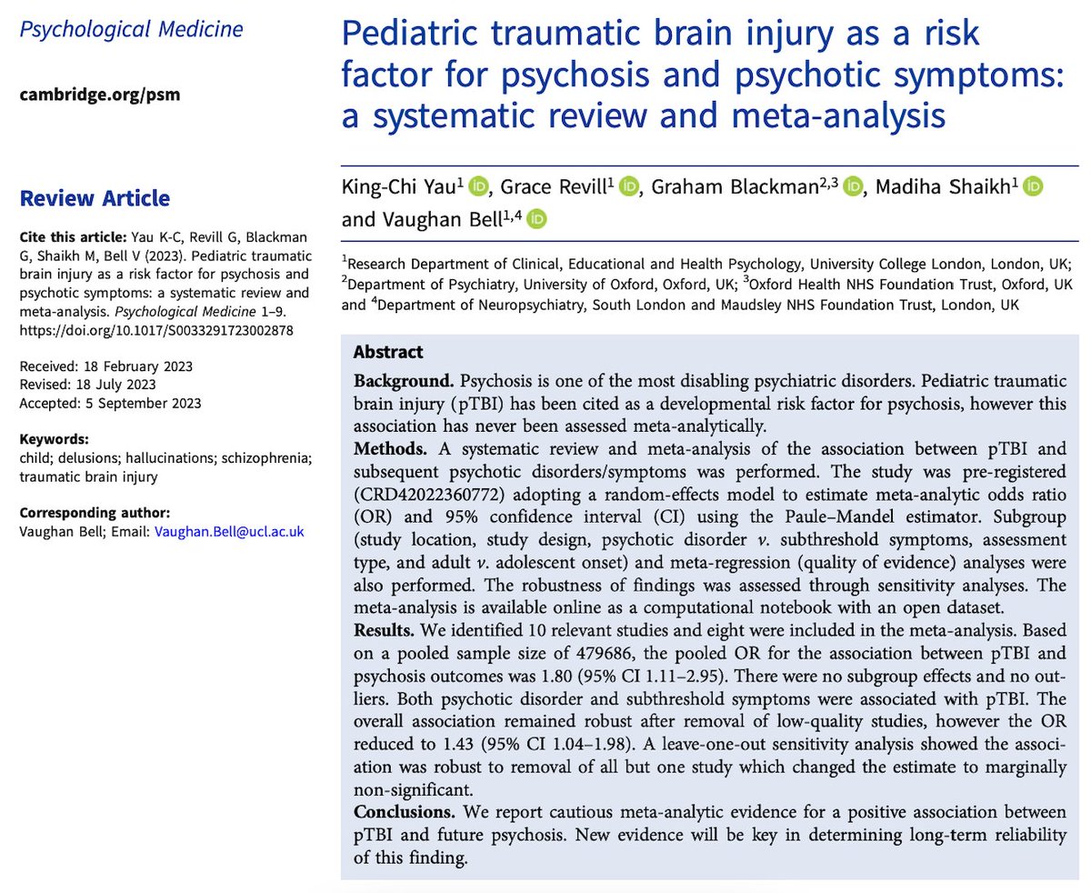 kingchiyau's tweet photo. Just published‼️ We report cautious meta-analytic evidence for a positive association between paediatric traumatic brain injury (pTBI) and future psychosis.

https://t.co/sye6h6TY0A

With @vaughanbell, @_GraceRevill, @_GrahamBlackman, and Madiha Shaikh https://t.co/o0mNoPB6c0