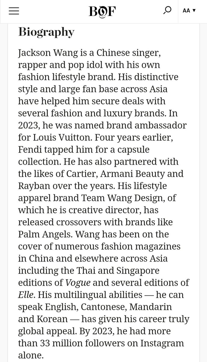 chartsjackson's tweet photo. Jackson Wang is honored as a Business of Fashion (BoF) 500 Class of 2023 cohort!!! 🔥🔥🔥

He's identified as a person shaping the global fashion industry, and selected based on key factors including leadership, creativity, innovation and impact 🙇‍♀️

Congratulations #JacksonWang #TEAMWANG 💐