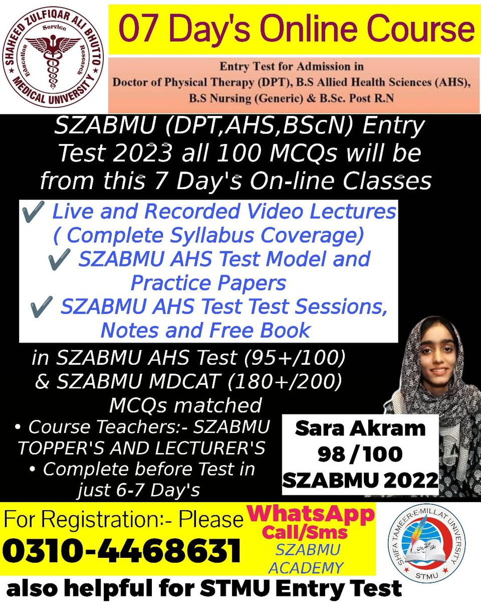 NumsPmc's tweet photo. #SZABMU Test Date 8th October
Shaheed Zulfiqar Ali Bhutto Medical University (SZABMU), Islamabad* #ONLINE_CLASSES for Admission in DPT, BS Allied Health Sciences (AHS), Generic BS Nursing and BSc Post RN in the Constituent & Affiliated Institutes of SZABMU for Year 2023-24 #PIMS https://t.co/VEem1Oro4O