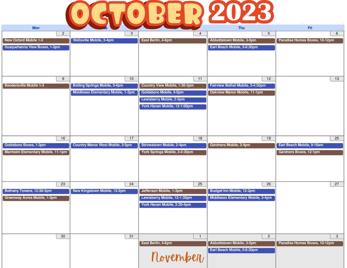 Check out our October 2023 mobile pantry schedule! We are serving 26 locations - please take a look at all the locations we serve and share this information with anyone who may benefit.  Thank you.   nhm-pa.org/mobile-food-pa…
