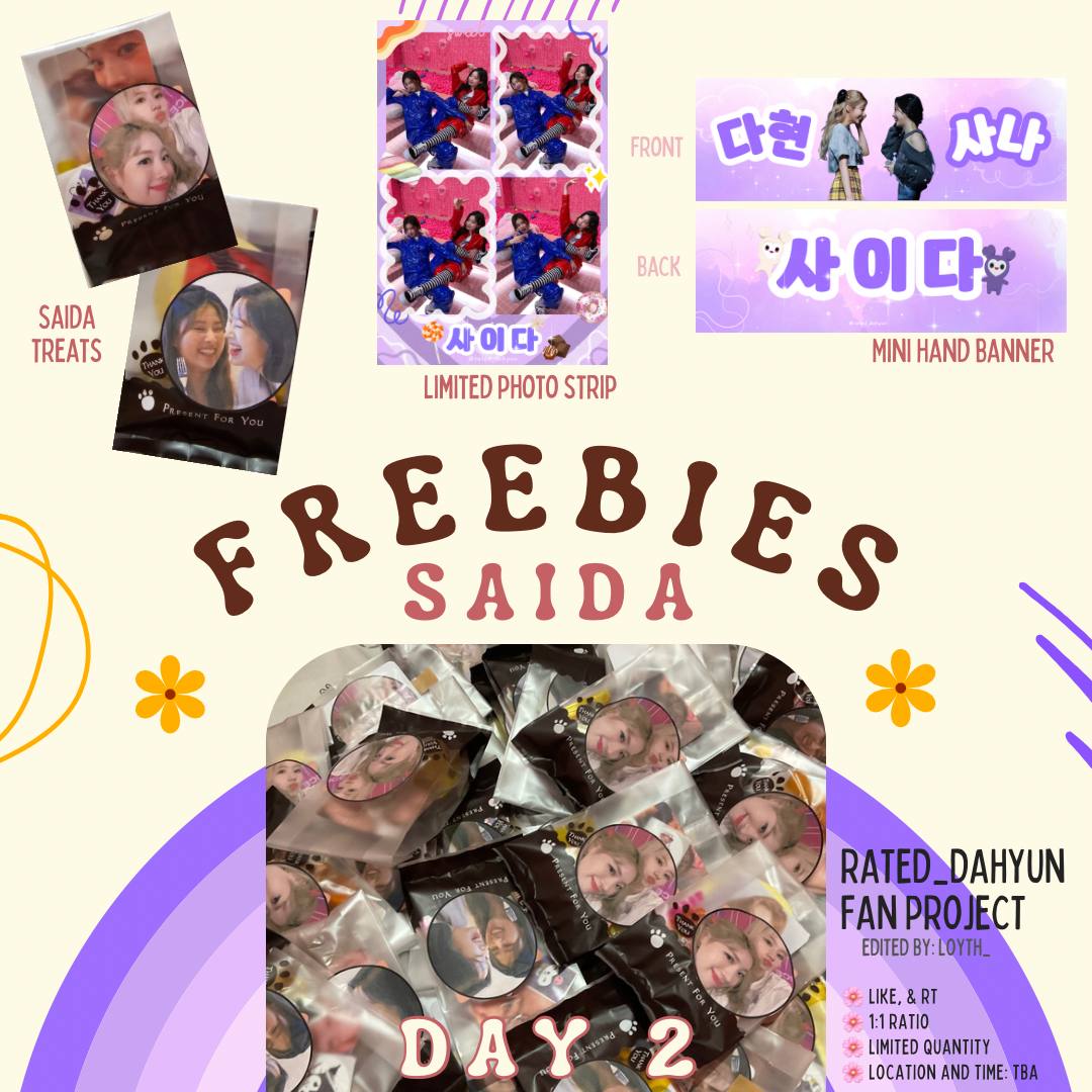 rated_dahyun's tweet photo. 💜🤍 SAIDA FAN SUPPORT!  🤍💜

HAPPY SAIDA DAY (October 1)

Hello sprites! i'll be giving away Sana and Dahyun treats on day 2. Check the photo for more details. 

• show me this tweet to claim on concert day! 

see you there! 🥂

#TWICEINBULACAN  #TWICE_5TH_WORLD_TOUR_BULACAN https://t.co/pqfDgl1FpY