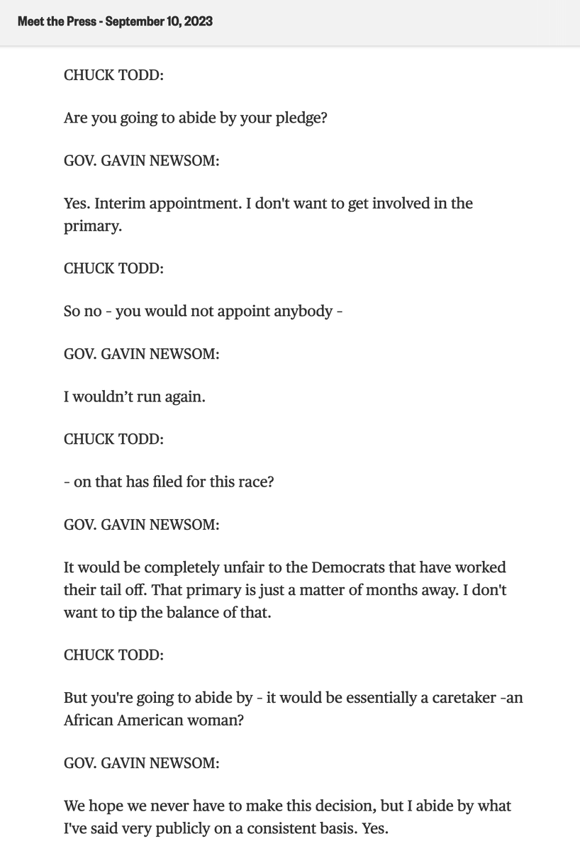 California Gov. @GavinNewsom said a few weeks ago on @MeetThePress he'd pick a black woman as an 'interim appointment' if a Senate seat became vacant, someone who isn't already running. 'That primary is just a matter of months away. I don't want to tip the balance of that.'