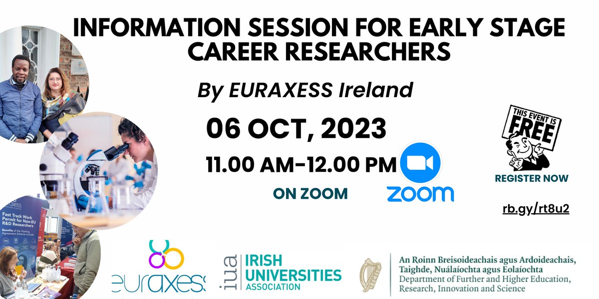Upcoming event Alert! Get to know about the resources that EURAXESS Ireland has that can kickstart your research career in Ireland. Information will focus on jobs, visa information, work permits, and our practical assistance. Register here: rb.gy/rt8u2