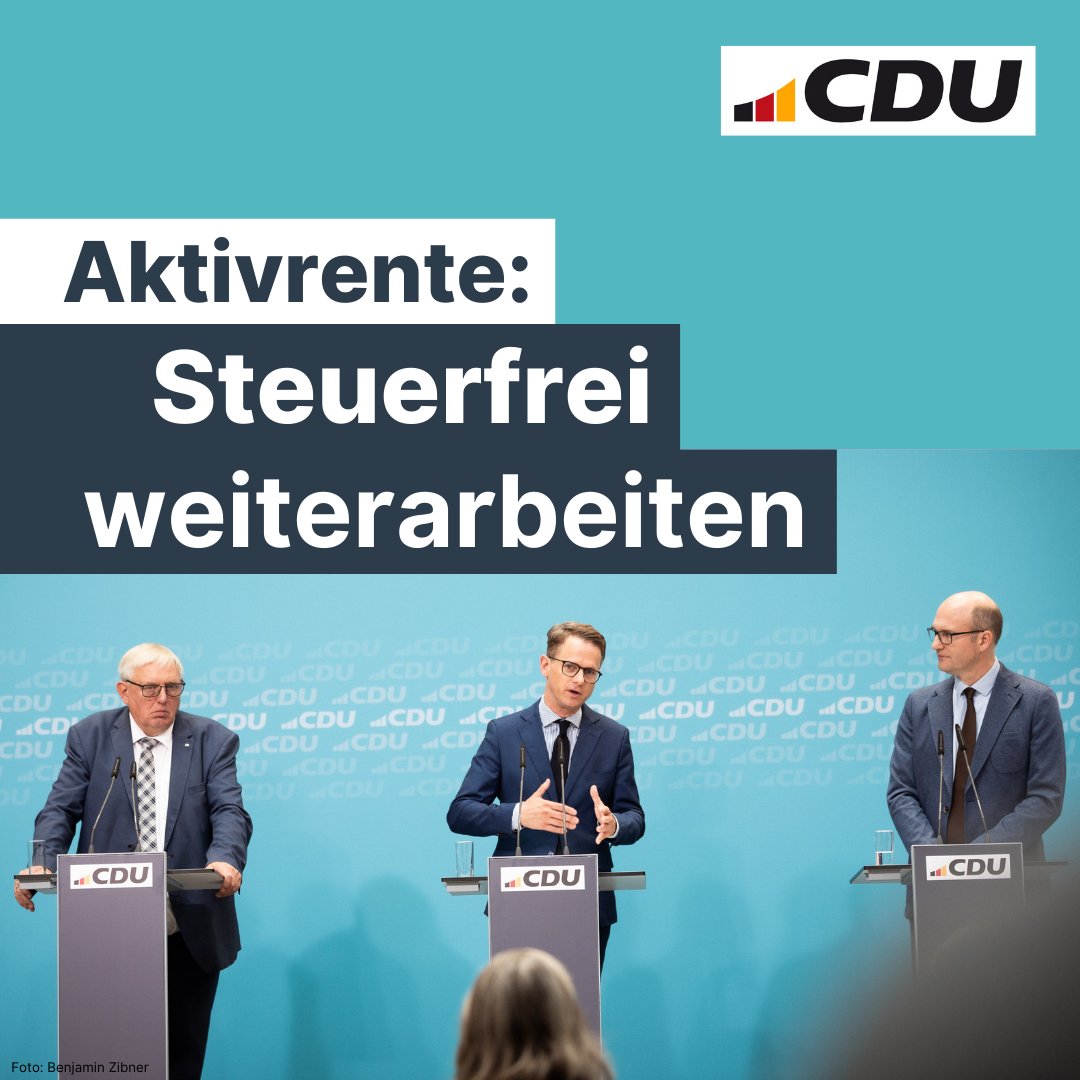 CDU's tweet photo. Wie können wir Rentner als #Fachkräfte am Arbeitsmarkt halten? Die CDU setzt auf eine #Aktivrente, bei der sich Rentner steuerfrei etwas hinzuverdienen können. Generalsekretär Carsten #Linnemann stellte das Konzept heute mit Karl-Josef Laumann und Prof. Dr. Gregor Kirchhof vor. https://t.co/U8BSK5gzOX