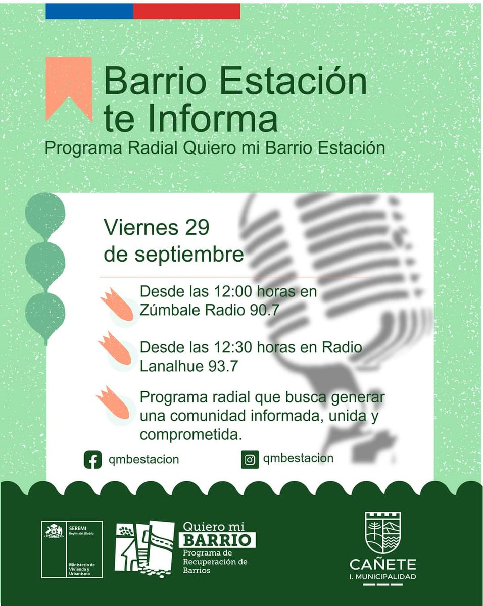 mi_estacion's tweet photo. 🔊¡HOY!

👉No se pierdan nuestro #último informativo radial 🎙 "Barrio Estación te Informa", donde se podrán enterar de las novedades que el Programa #QMB tiene para #Barrio Estación. Desde las 12.00 horas por #ZúmbaleRadio, 90.7, y 12.30 horas #RadioLanalhue, 93.7.

@barrios8va https://t.co/X3i7Ytel2e