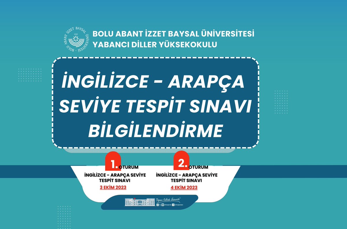 ibuajanda's tweet photo. Bolu Abant İzzet Baysal Üniversitesi Yabancı Diller Yüksekokulu Hazırlık Sınıfları İngilizce-Arapça Seviye Tespit Sınavı
Ayrıntılar: https://t.co/kOH63L1F1X
#ibuajanda #baibu #doğanınkalbindeüniversite #ydy https://t.co/TTtkL7WUL0