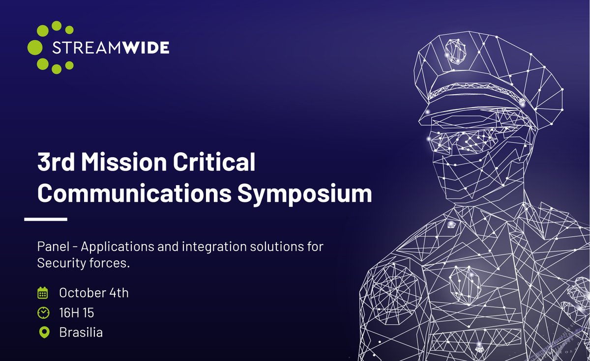 STREAMWIDE's tweet photo. Join us at the next panel discussion on “Applications and Integration Solutions for Security Forces” at the 3rd Mission Critical Communications Symposium .

🗓️October 4th, 2023
🕒 16h15
📍 Auditorium of the Technical-Scientific Directorate -DITEC/PF – Brazilia https://t.co/CraChfiIUa