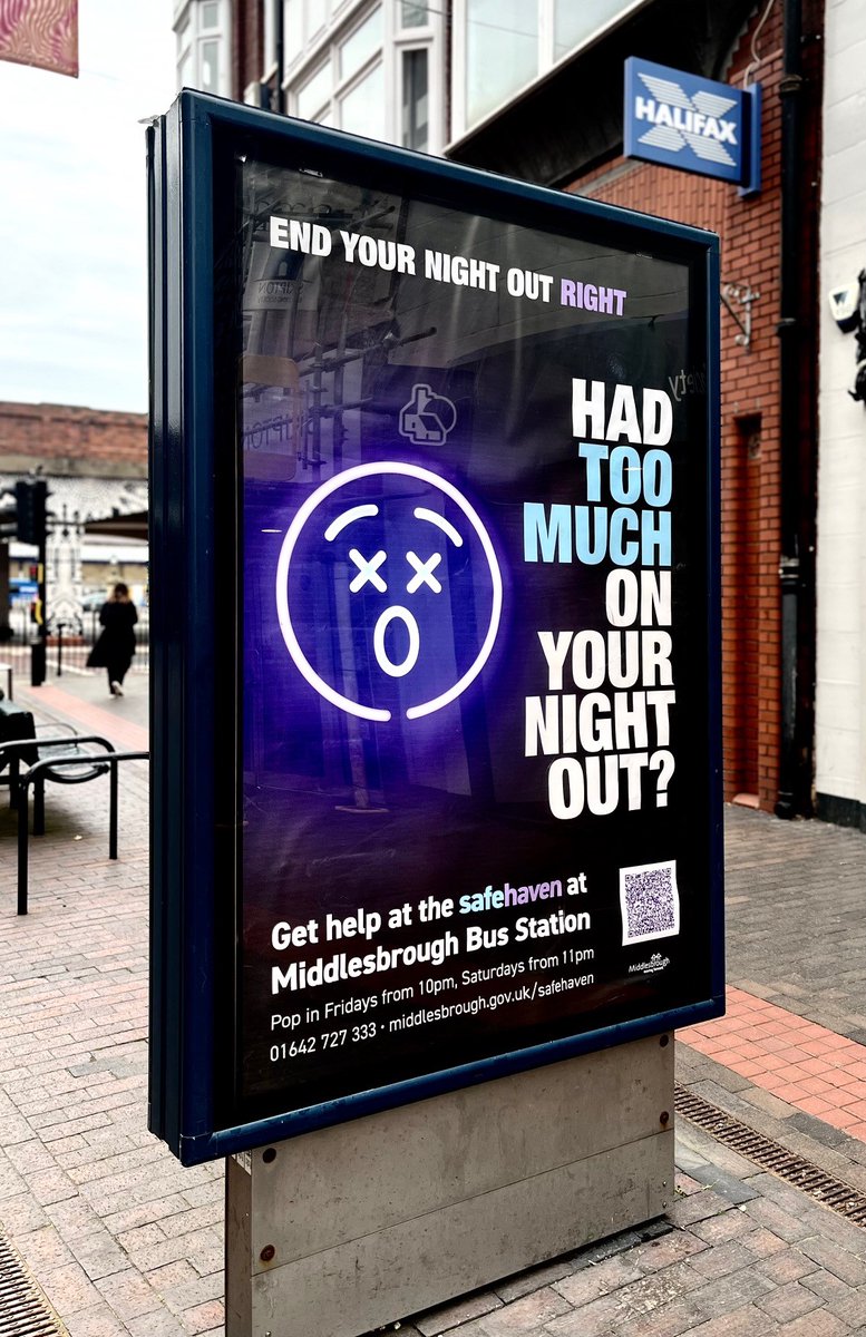MbroCouncil's tweet photo. 👀 You might have spotted some NEW posters popping up around the town centre…

It’s all part of our campaign to let you know about the Safehaven in the Bus Station and our work with partners to make Middlesbrough safer on a night.

All you need to know⬇️
https://t.co/ppDQu89ql3 https://t.co/lPLNnPXrbh