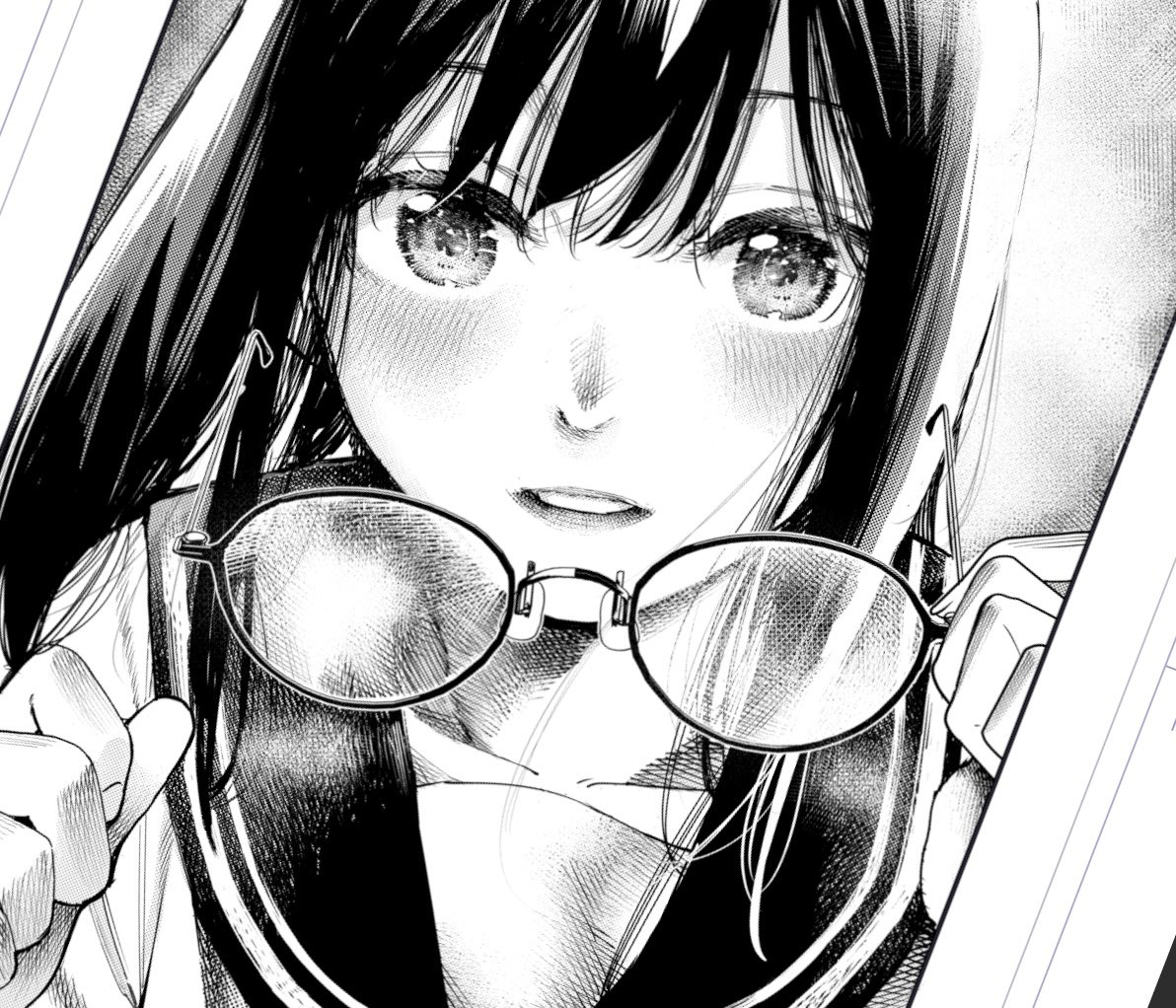 1girl greyscale monochrome solo holding glasses looking at viewer  illustration images