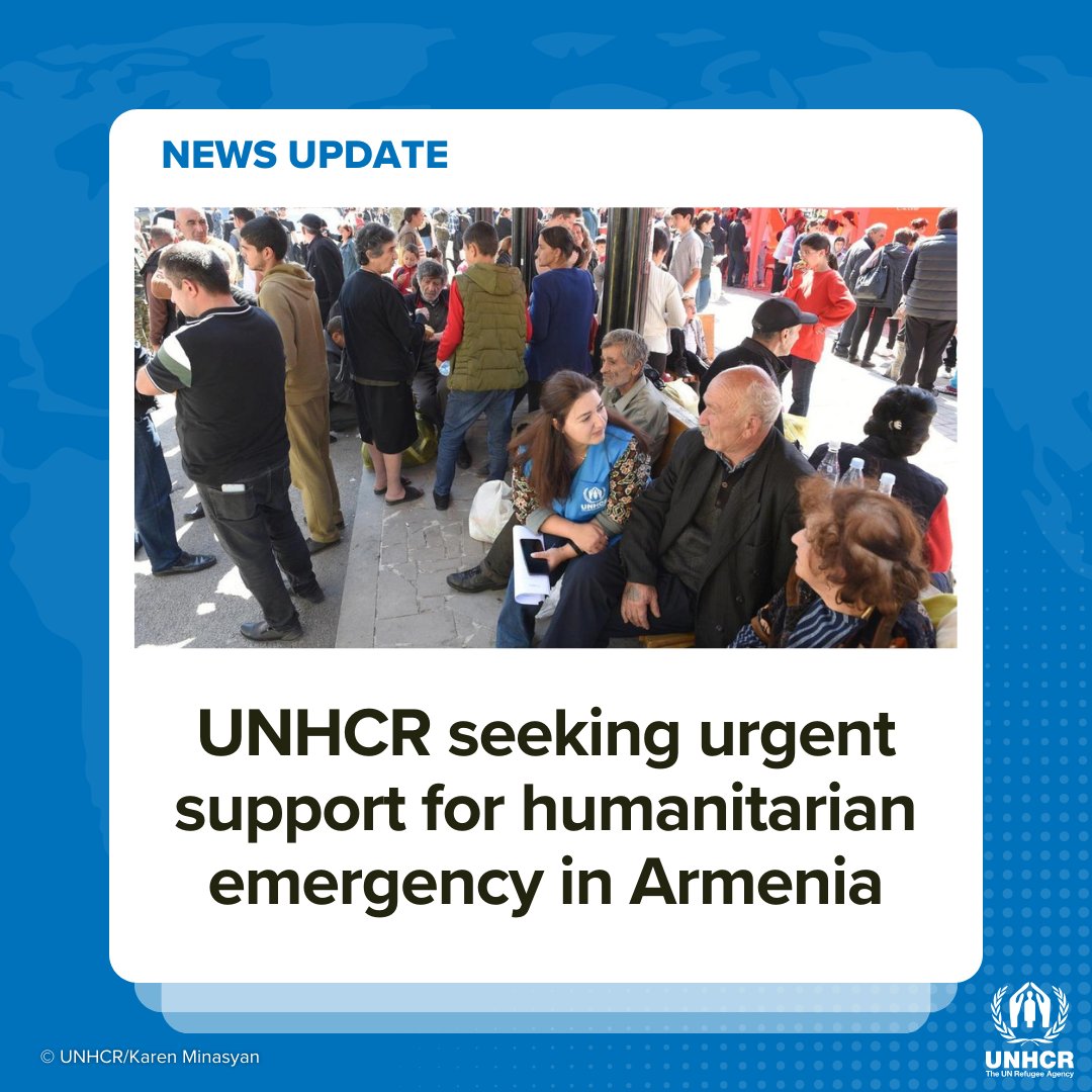 Refugees's tweet photo. We are deeply concerned by the rapidly evolving humanitarian emergency in Armenia, with over 88,700 refugee arrivals in less than a week. Our teams have been on the ground since day one and we are scaling up our presence. International support and solidarity is urgently needed. https://t.co/FG0KjUvSYK