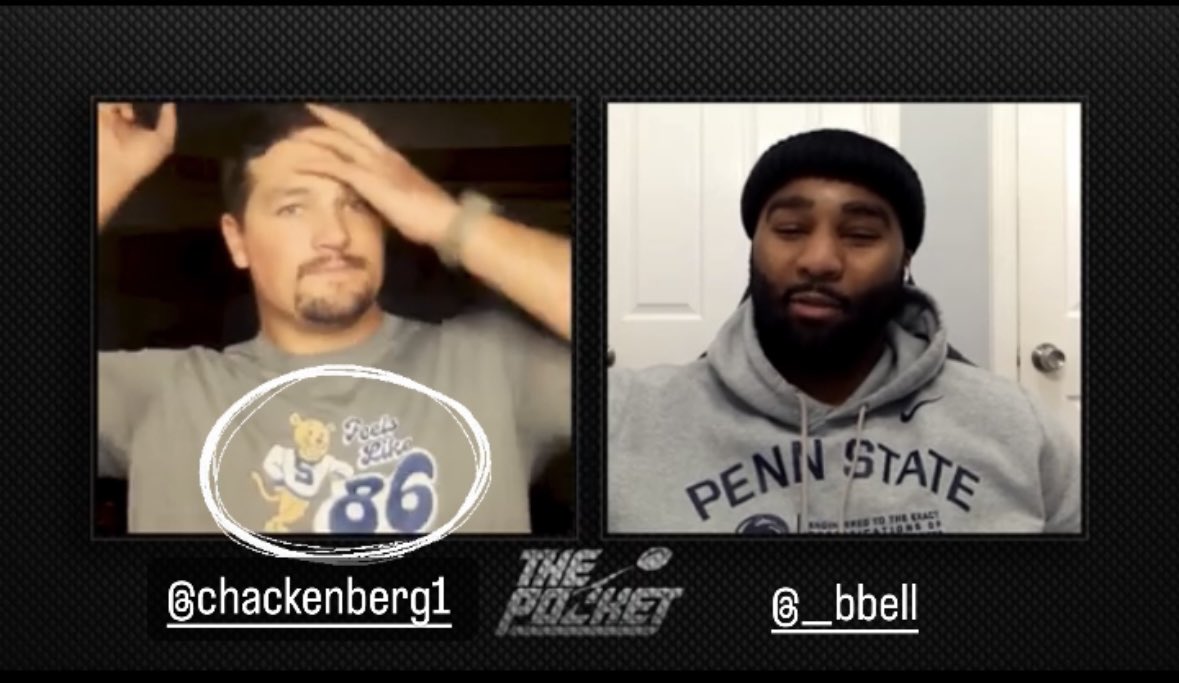 nittscollection's tweet photo. 🚨 SPOTTED 🚨 

PSU Legend, @chackenberg1 sporting the ‘Feels Like 86’ shirt from The Nitts Collection on his podcast ‘The Pocket’ with @__bbell 

If you haven’t checked out the podcast or the shirt, links are below ⬇️ https://t.co/Ax2N9zwO2u