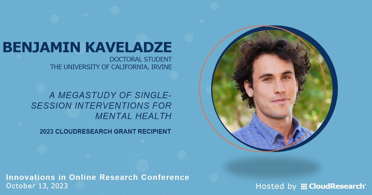 CloudResearch's tweet photo. Join Benjamin Kaveladze, 2023 #CRGrant recipient, as he presents his plan to test 20 SSIs aimed at improving #mentalhealth outcomes. Don't miss out on #IIOR2023. Register here: https://t.co/Fv8WNqMfn1
#onlineresearch #innovation #insights #onlinesurveys #phdchat #research https://t.co/DLz3ZitPQe