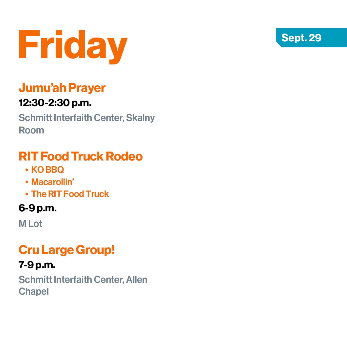 Happy Friday! We made it through another busy week, but get ready for some upcoming events this weekend! Come down to the food trucks here on campus for some great food heading into the weekend.