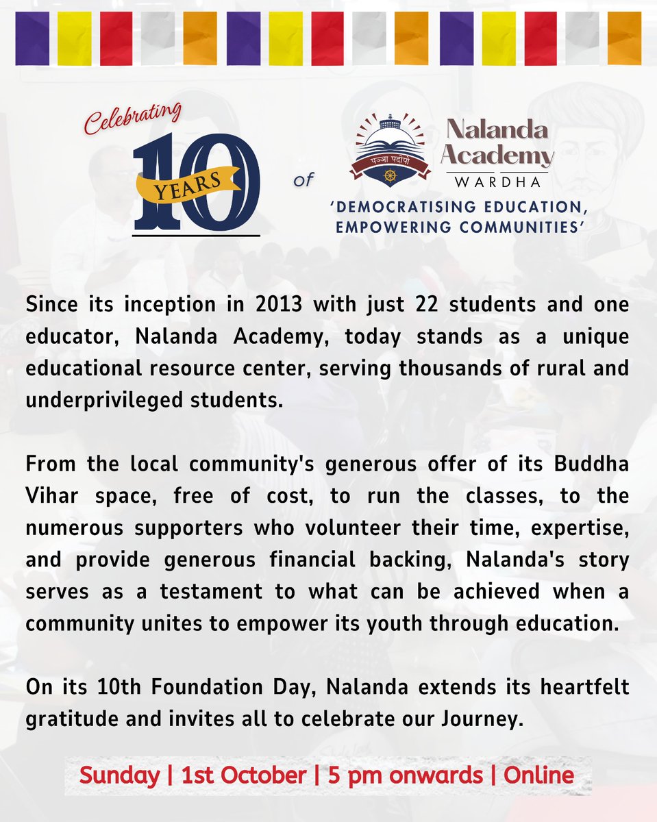 Anoopkheri's tweet photo. Dear friends, Jaibhim!

On behalf of Nalanda, inviting all to join us ONLINE on 1st October (Sunday), 5 pm onwards to celebrate our 10th Foundation Day. 

We want to take this opportunity to thank all our friends, mentors and donors for their unwavering support to us.  (1/2) https://t.co/TyExZR8Dgi