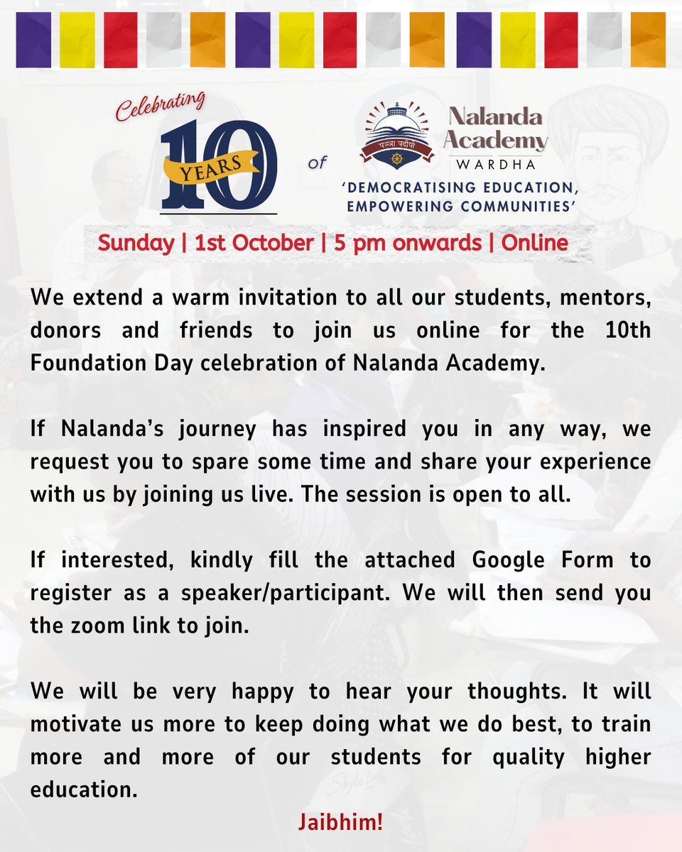 Anoopkheri's tweet photo. Dear friends, Jaibhim!

On behalf of Nalanda, inviting all to join us ONLINE on 1st October (Sunday), 5 pm onwards to celebrate our 10th Foundation Day. 

We want to take this opportunity to thank all our friends, mentors and donors for their unwavering support to us.  (1/2) https://t.co/TyExZR8Dgi
