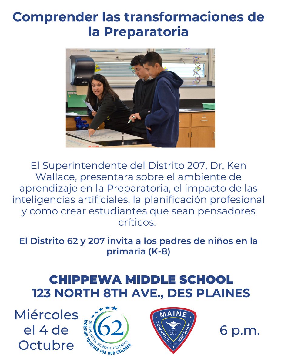 62schools's tweet photo. Parents of kindergarten through 8th graders: Join us at Chippewa Middle School next Wednesday, October 4 at 6:00PM for a presentation on the changing landscape of high school. #62united #62learns #62CMS https://t.co/R6vY2GQHwg