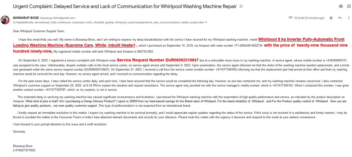 BISWARUPBOSE's tweet photo. @whirlpool_india Service Request Number DUR06092319847 hadaling very casually by local service team directly impact your brand value if not improved not recommend to any one through all available resource. Mail send please take necessary step https://t.co/20maApbLju