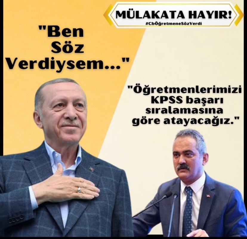 Verilen sözlerin tutulmasını talep ediyoruz. Mülakat ile değil kpss puanı ile atamalar yapılmalıdır. Öğretmenler daha fazla yıpratılmamalıdır. Öğretmenlerin güveni daha fazla kırılmamalıdır. 
 #KpssPuanimaDokunmaMeb