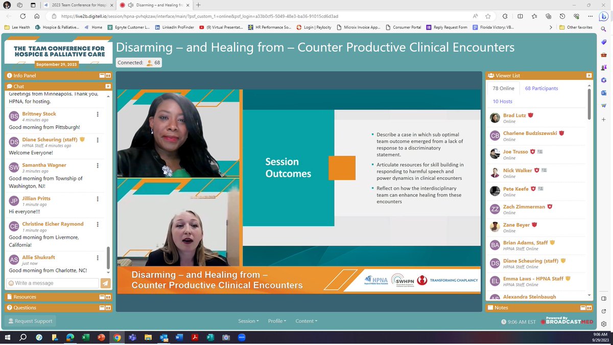 HPNA kicking off our 2nd annual TEAM conference w/ SWHPN and Transforming Chaplaincy.  Thank you Florence Moss and Dr Kate McKillip for leading off w/ a session titled: Disarming–and Healing from – Counter Productive Clinical Encounters #TC4HPC <a href="/HPNAinfo/">Hospice and Palliative Nurses Association (HPNA)</a> <a href="/SWHPN/">Social Work Hospice and Palliative Care Network</a>  @TransformChap1