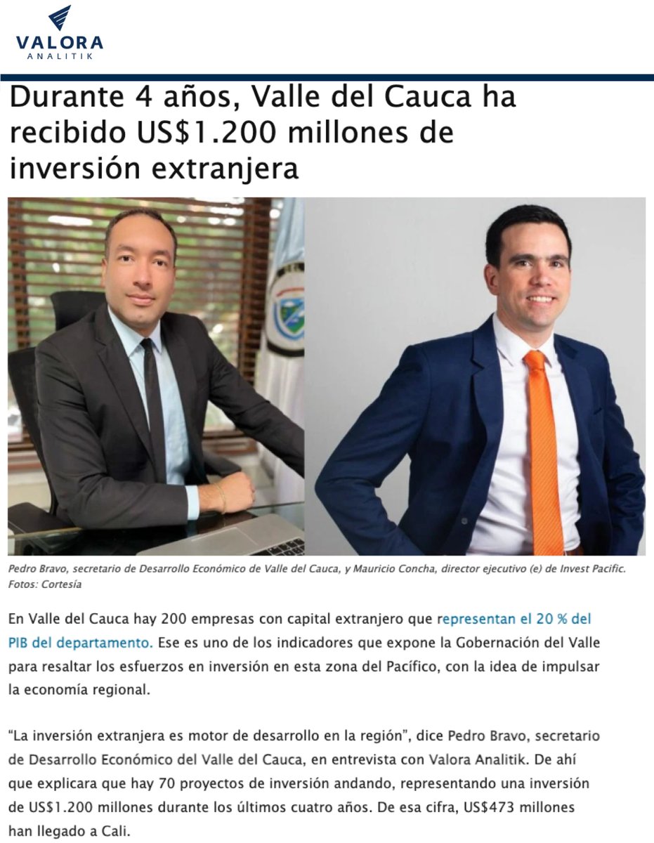 SedecV's tweet photo. 🗞️ En entrevista con @ValoraAnalitik, el Secretario @p3bravo destacó que durante el último cuatrienio, hemos atraído 70 proyectos de inversión en un trabajo articulado con @investpacific, @mauriciocr82, que representan US$1.200 millones. Más detalles aquí: https://t.co/EixH1vHLBK https://t.co/h5N0rKAznA