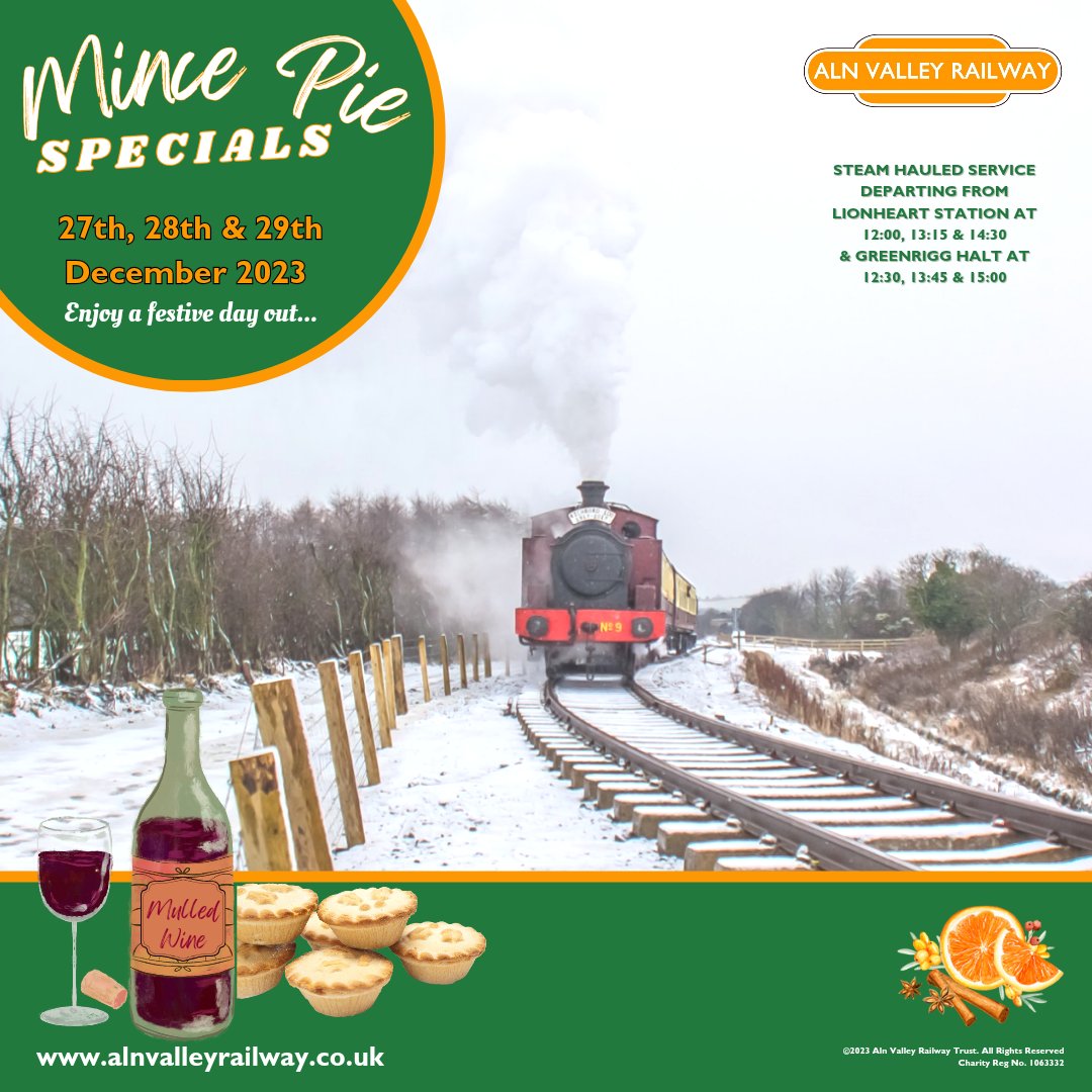 🎟 Our Steam Hauled Mince Pie Specials are now on sale! Join us for our final event of the 2023 season and enjoy a festive visit to the railway between Christmas and New Year. alnvalleyrailway.co.uk/tickets