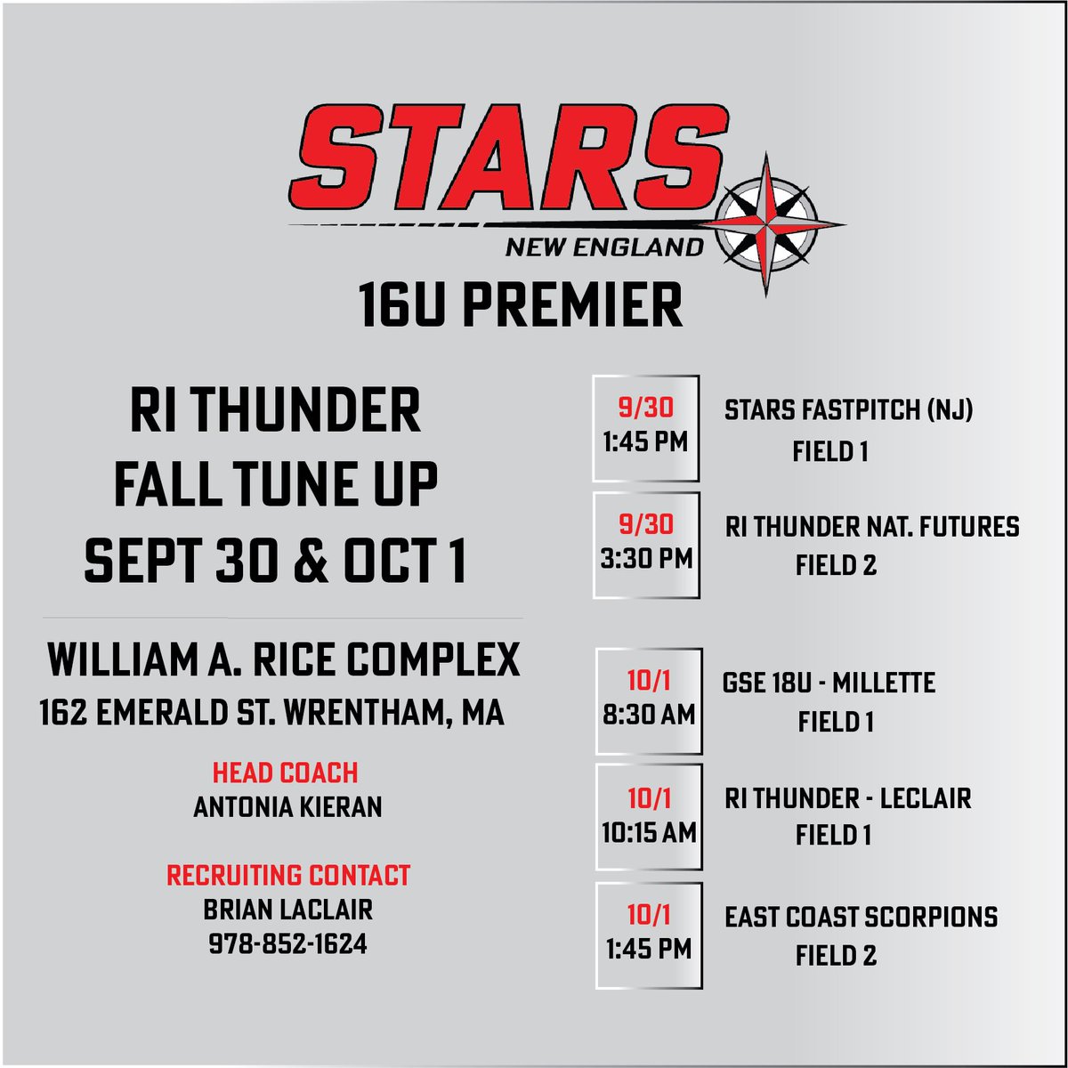 RI Thunder Fall Tune Up Showcase Schedule.  9/30-10/1 Wrentham, MA