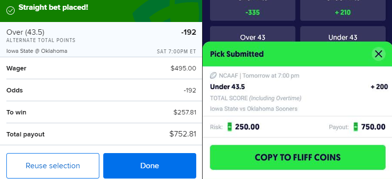 MDSportBet's tweet photo. Try this arbitrage bet on tomorrow's Iowa State vs Oklahoma game.

FanDuel: $495 on Over 43.5 total points
FLIFF: $250 on Under 43.5 total points

Total profit: $5 - $7.81

Imagine using https://t.co/ytkxRuWuZP to find 1 bet like this per day. That's a profit of $2850 per year. https://t.co/QpcNg9wM9j
