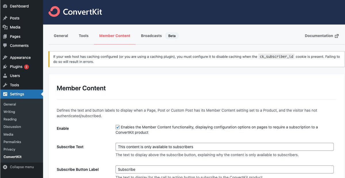 n7studios's tweet photo. @RGWords @ConvertKit @nathanbarry Enabling Member Content at Settings > ConvertKit > Member Content resolves. Paid broadcasts will then be gated. https://t.co/T8L0npL3X7