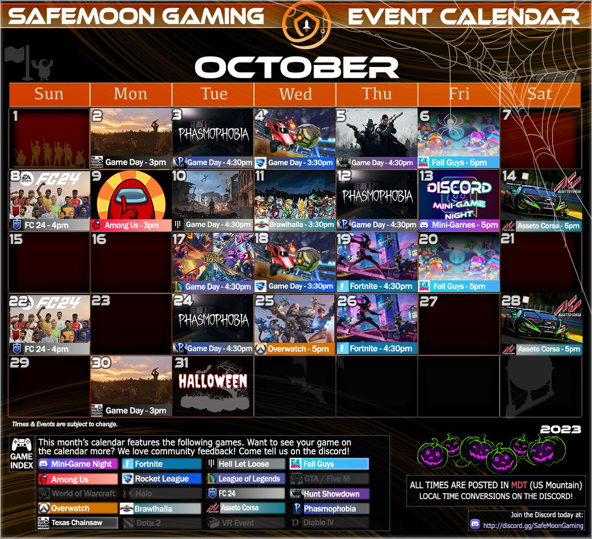 Hey there #SAFEMOONARMY! 🎃🧛‍♂️

The spooky season is here, and we have a new #gaming #calendar to match the occasion. Join us in the official SafeMoon Gaming Discord to participate in the events! 👻🪦

discord.gg/safemoongaming
#SafeMoon #Discord #GamingCommunity