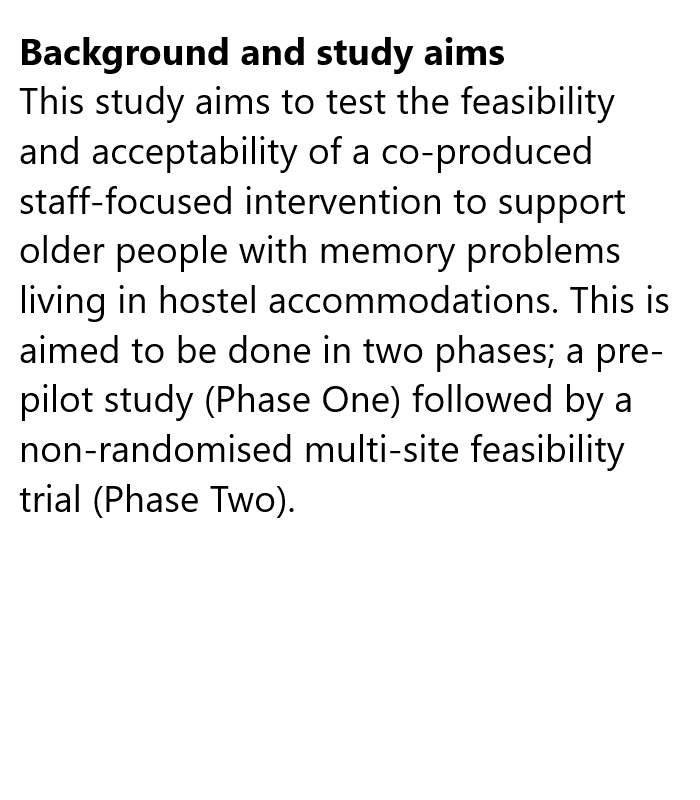 ISRCTN: the UK's Clinical Study Registry (@isrctn) on Twitter photo Feasibility trial of the HOME intervention for staff in homelessness hostels supporting older residents with memory problems
Read about the <a href="/HOME_UCL/">The HOME Study</a> study by <a href="/rapaport_penny/">Penny Rapaport</a> registered at #ISRCTN
isrctn.com/ISRCTN28374317 Feasibility trial of the HOME intervention for staff in homelessness hostels supporting older residents with memory problems
Read about the <a href="/HOME_UCL/">The HOME Study</a> study by <a href="/rapaport_penny/">Penny Rapaport</a> registered at #ISRCTN
isrctn.com/ISRCTN28374317