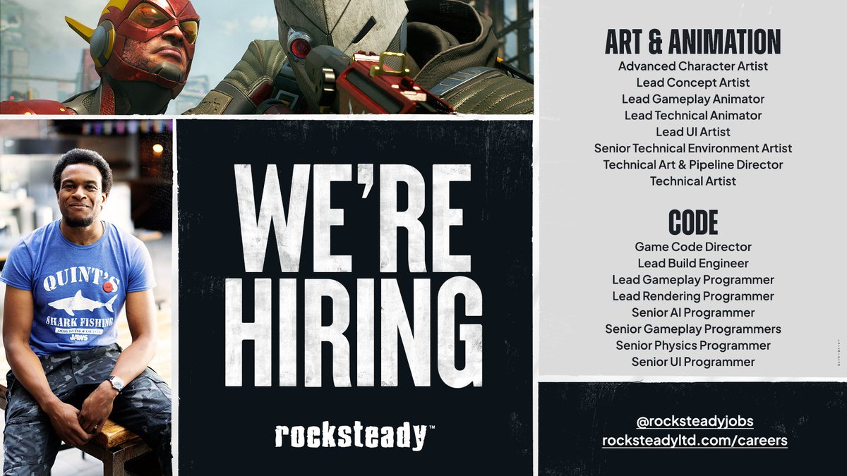 Our thoughts are with our industry peers and friends, facing changes this week.

We're hiring, and would love to hear from anyone considering the next steps in their career.

Positions, studio values, and benefits are found here: rocksteadyltd.com/careers

#gamedevjobs