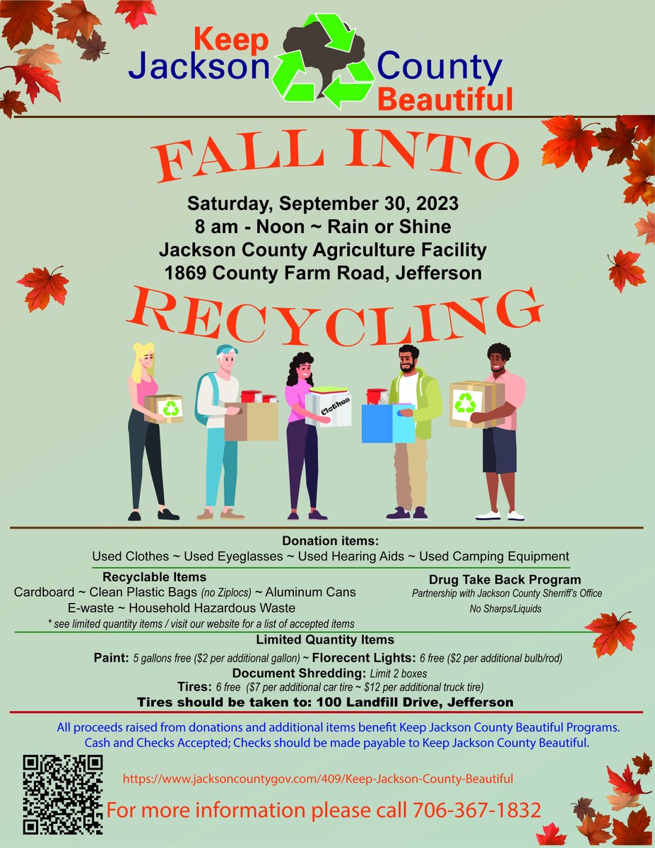JacksonCountyGA's tweet image. FINAL CALL! Fall into Recycling with us TOMORROW, September 30, 8 am to Noon at the Jackson County Agricultural Facility. 🍁🍂♻️