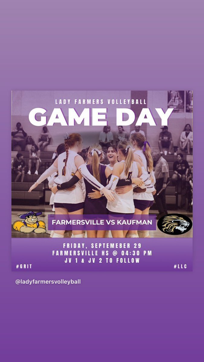 GAME DAY IN THE VILLE!! 

🆚 Kaufman
📍 Farmersville HS
🗓️ Friday, September 29th
⏰ Varsity at 4:30, JV1 and 2 to follow
🎟️ events.ticketspicket.com/agency/b7029d7…

#LLC #grit

📸 kaydences_pix06