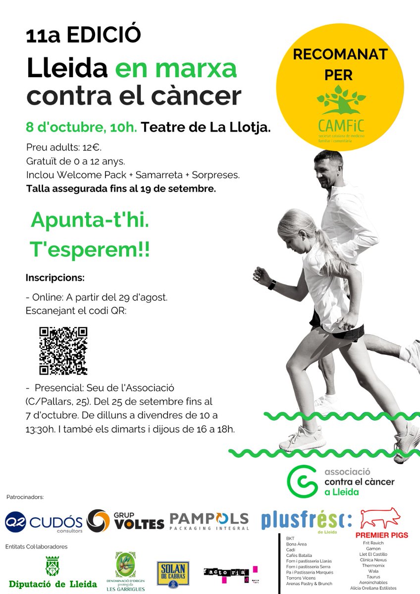 Si el dia 8 d'octubre estàs a Lleida, posa’t en marxa contra el càncer!!!! <a href="/congresCAMFiC/">30è Congrés CAMFiC</a> <a href="/ContraCancerLLE/">Associació Contra el Càncer LLEIDA</a> #estenemponts #exercicifisicisalut