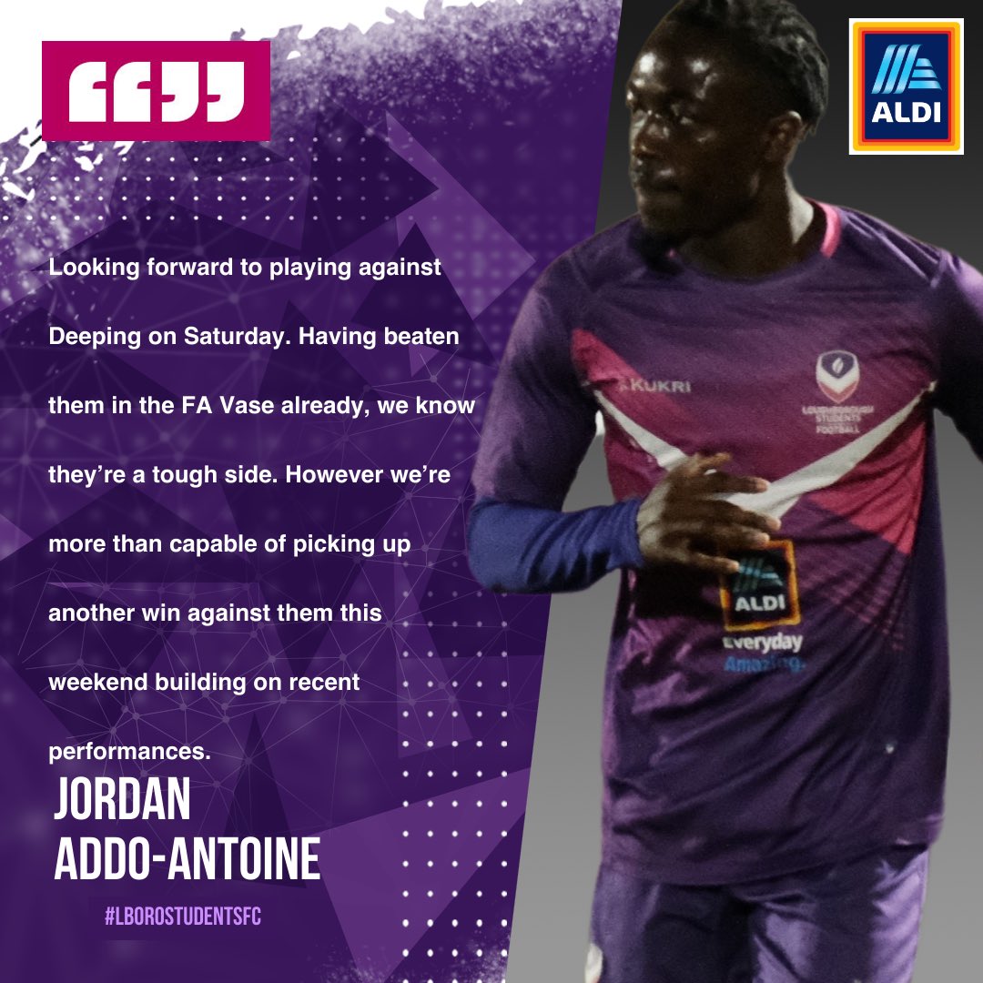 LboroStudentsFC's tweet image. Player thoughts 💭

See what @AddoAntoine had to say ahead of Saturdays game against @DeepingRangers  ⬆️💜

#lborostudentsfc