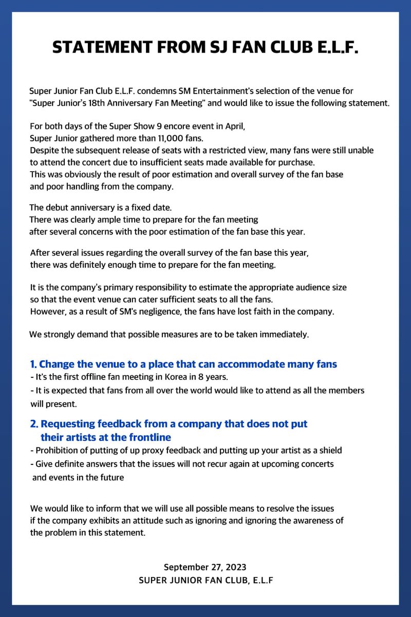 ElfbalIofficial's tweet photo. sm에게요청합니다 
-국내,해외�� 포함 수용 가능한장소로 변경 
-하루에 2번안됨, 멤버들건강상태중요 
-멤버들이 대신 상황설명이나 사과안됨 
-sm이 직접 빠른대처와공지업로드 
(팬미팅일정 하루인정, 비욘드송출포함)

#슈퍼주니어팬미팅_장소변경해 
#sm_대관다시해
@SJofficial
@SMTOWNGLOBAL https://t.co/HDU2Tcn3Wp