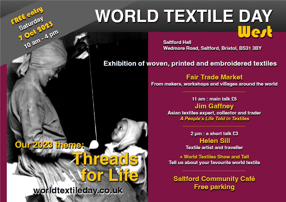 World Textile Day at Saltford Hall  7th October. Free entry; small charge for fascinating talks on the theme “Threads For Life”. Open from 10am, community café, free parking. See Community Association Facebook for details:
facebook.com/events/1473927…