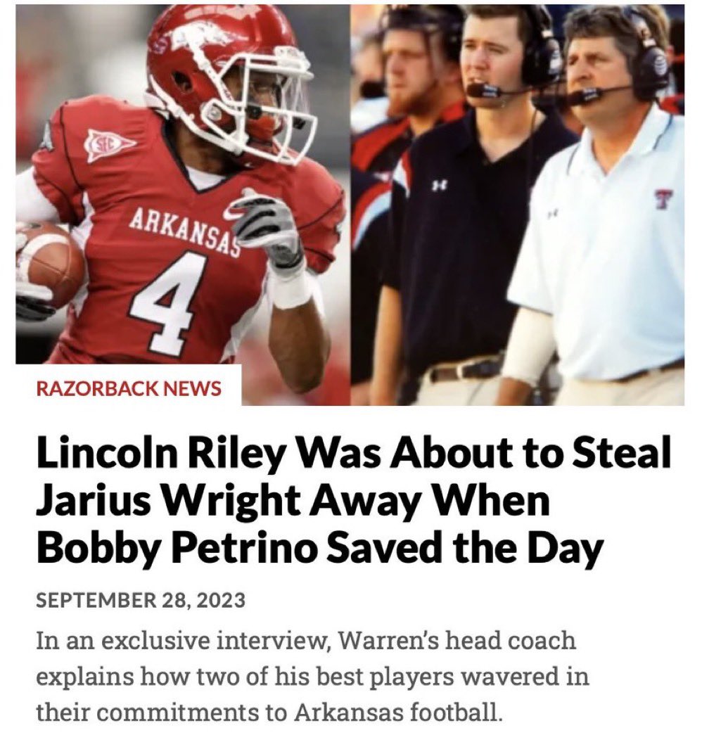 k_sutherlandAR's tweet photo. ICYMI yesterday:

In honor of the Southwest Classic tomorrow, I took a dive into how Bobby Petrino’s hiring ultimately kept the heralded 2008 class together. 

📝 https://t.co/NT0ruzXMeD https://t.co/beCI5DiQPU