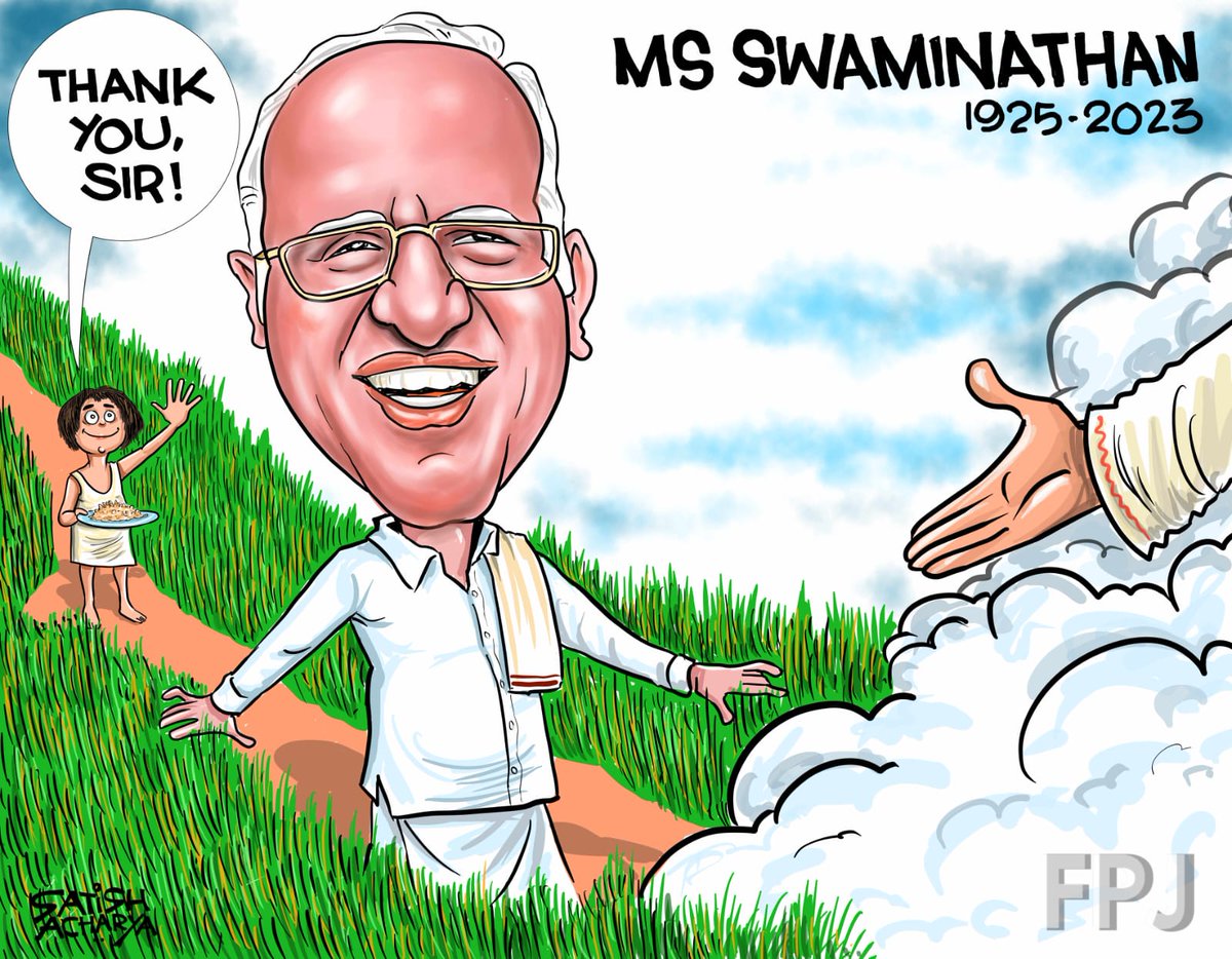 fpjindia's tweet photo. Mankombu Sambasivan Swaminathan, key architect of India's ‘Green Revolution’, passed away at his Chennai residence on September 28, 2023, following age-related issues. He was 98. He once said "If conservation of natural resources goes wrong, nothing else will go right".

Creative by: @satishacharya

#msswaminathan #greenrevolution #scientist #mankombusambasivanswaminathan #india #FPJ
