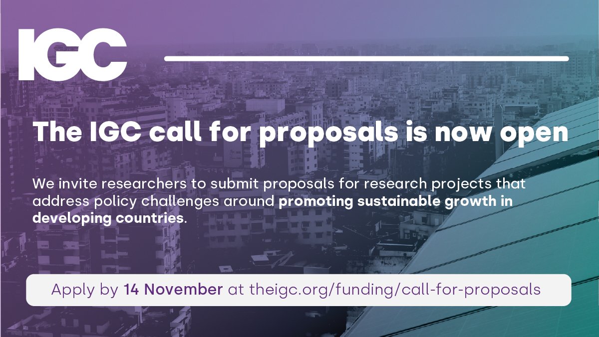 📣 Available research #funding 📣

The IGC's call for proposals is now open, inviting submissions for full and small research grants, focusing on #sustainablegrowth in developing countries.

🔗 Click here for more details and guidance on how to apply ➡️ theigc.org/funding/call-f…