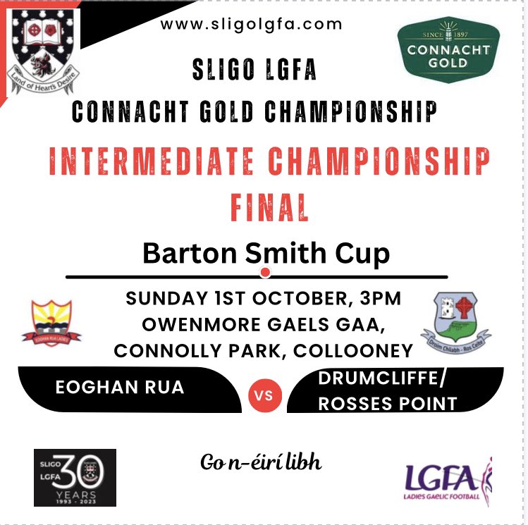 SligoLGFA's tweet photo. Connacht Gold Intermediate Final - Sunday 3pm @Eoghanrualadies  vs @DrumcliffeRPGAA Click on link to show your support https://t.co/oPpZgTf518 Go n-éirí libh ⚫️⚪️ https://t.co/mTqBHUGYE4
