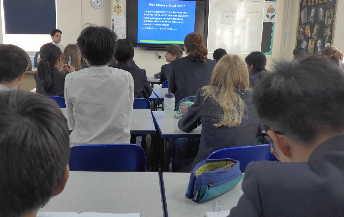sirjohnlawes's tweet photo. There was thoughtful discussion happening in Year 8 RE lesson, debating whether Moses was a good man and a good leader - helping to strengthen their learning about different religions. #RElesson https://t.co/RmGNVuPJBJ