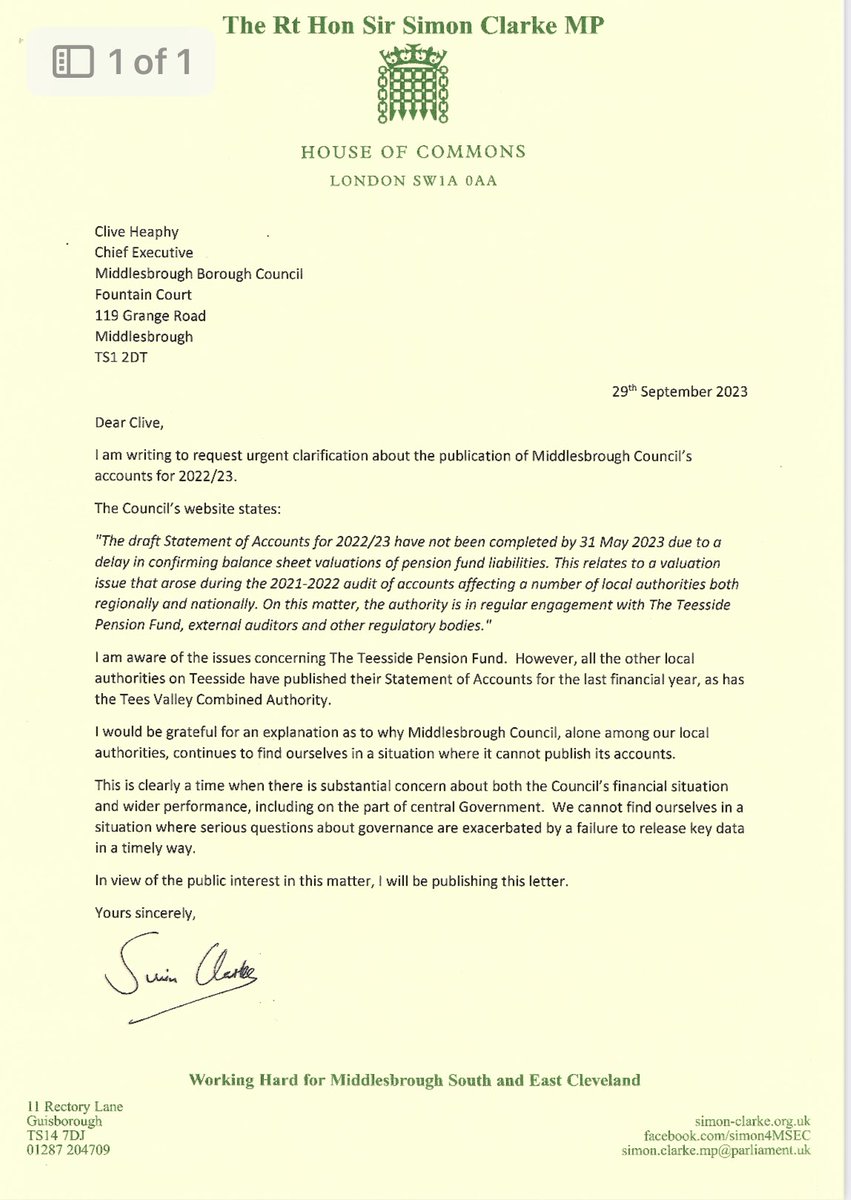 SirSimonClarke's tweet photo. Serious concerns that @MbroCouncil is now four MONTHS late in publishing its draft accounts for 2022/23.  All other Teesside local authorities have published theirs despite the pension fund issue to which the council alludes.  Transparency is vital for public confidence ⬇️ https://t.co/fO1LRC5bFM